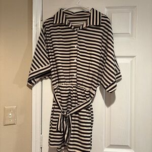 SHEIN Black and Cream Striped Button-Front Romper